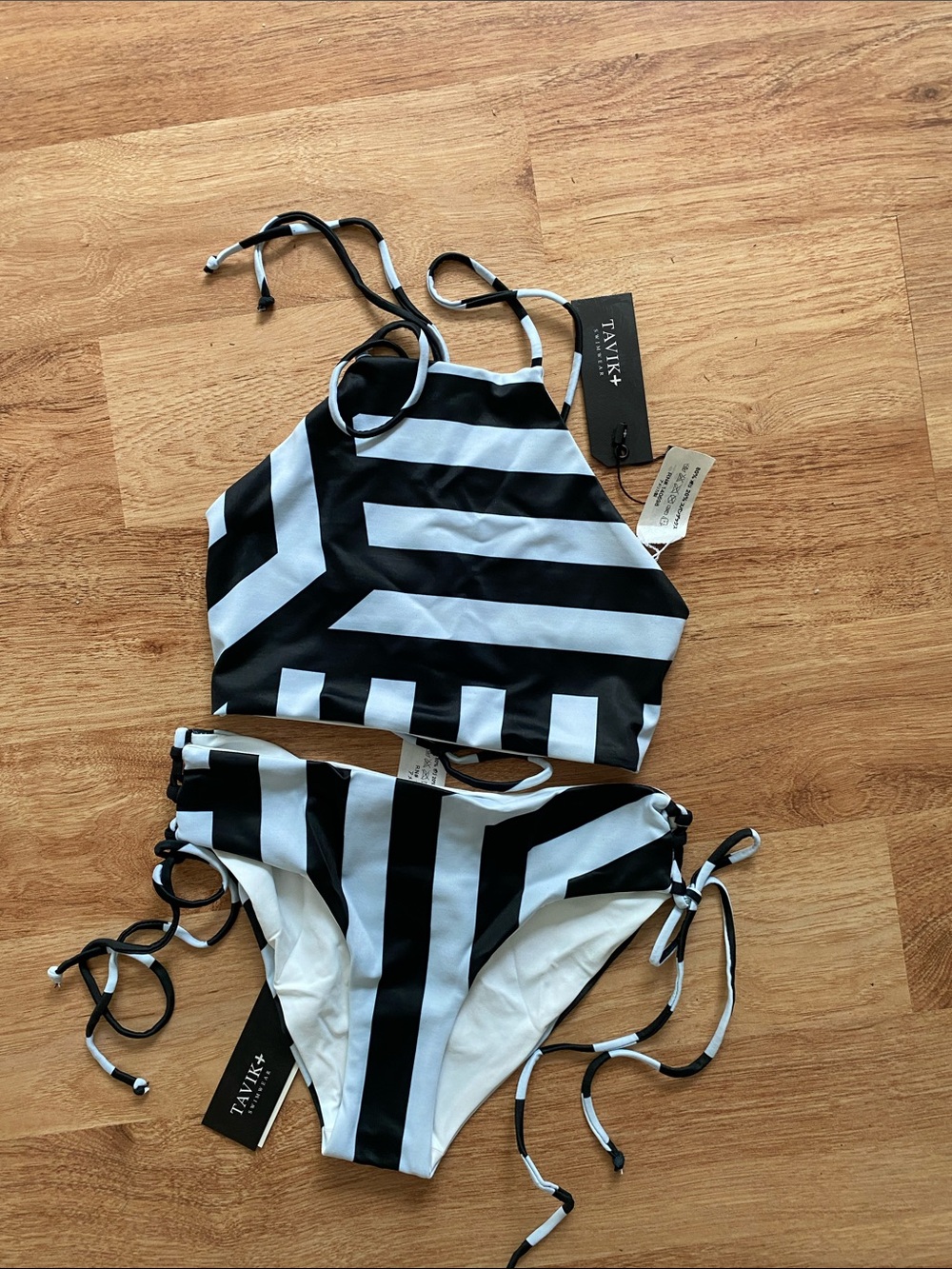 Tavik Cabana Black and White Striped Two-Piece Swim Set NWT